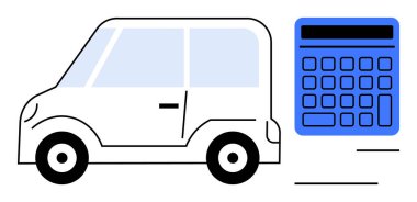 Maliyet tahmini, sigorta ve bütçe de dahil olmak üzere araçla ilgili finansmanı ön plana çıkaran büyük boy hesap makinesinin yanında küçük bir araba. Araba kiralama, bütçe, kredi hesaplama, çevre taşımacılığı için ideal