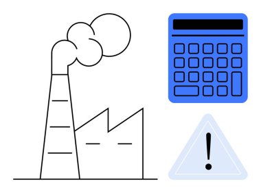 Dumanlı fabrika bacası, mavi hesap makinesi, ünlem işaretli üçgen uyarı işareti. Çevresel etki, risk değerlendirmesi, sanayi finansmanı, kirlilik, hesaplamalar, güvenlik için ideal