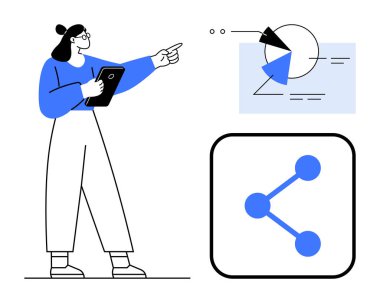 Tablet elinde grafiğe bakan kadın analitik, takım çalışması ve işbirliği üzerine odaklanıyor. İş, teknoloji, sunum, iletişim eğitimi beyin fırtınası için idealdir. Düz