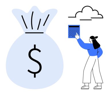 Bir kadın dev bir para çantasının yanında hesap makinesiyle etkileşime geçiyor. Birikimleri, bütçeleri ya da zenginliği simgeliyor. Finans, ekonomi, yatırım, planlama, gelir bankacılığı kişisel büyüme için idealdir. Düz basit