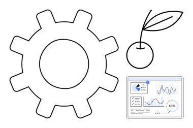 Kalın dişli, yapraklı kiraz ve dijital grafik büyümeyi, verimliliği ve veriye dayalı kararları gösteriyor. İş, teknoloji, analitik, üretkenlik çevre dostu temalar için ideal yaratıcılık düzlüğü