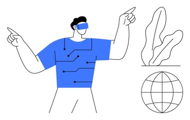 VR kulaklık takan şahıs dijital elementlerle etkileşimde. Gömlekteki devre bağlantıyı sembolize eder. Küre, bitki yenilik, çevre bilinci öneriyor. Teknoloji ve sürdürülebilirlik için ideal