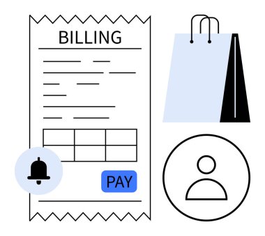Fatura makbuzu, ödeme tuşu, alışveriş çantası, uyarı zili ve çevrimiçi alışveriş, ödeme yönetimi ve müşteri kişiselleştirmesini temsil eden profil simgesi. E-ticaret ve fatura için ideal