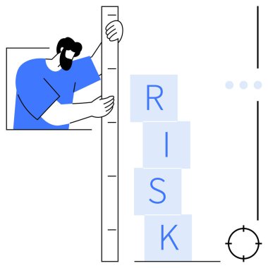 RİSK yazılışı bloklarının yanında cetvel tutan kişi bir hedefe nişan alıyor. Risk analizi, planlama, değerlendirme, karar verme, hedef belirleme, strateji geliştirme ve yönetim için idealdir. Düz