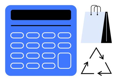Mavi hesap makinesi, alışveriş çantası ve geri dönüşüm üçgeni. Finans, eko-bilinç, sürdürülebilirlik, bütçe planlaması, yeşil ekonomi perakende ve atık azaltma için ideal. Düz basit metafor