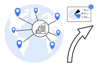 Dünya haritasındaki konum lobutları ile gösterilen yapı ağı, büyüme oklu finansal pasta grafiği. Küreselleşme, ticari genişleme, ticaret, analitik, stratejiler, finans, düz basit metafor için ideal