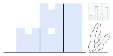 Bir bar çizelgesi ve asgari bitki taslağının yanında geometrik düzende yığılmış bloklar. İş, analiz, strateji, organizasyon, takım çalışması, mimari ve yaratıcılık için ideal. Düz basit metafor