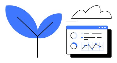 Mavi bitki yaprağı, detaylı bir analitik gösterge panelinin yanında, bir bulutun altında. Temalar için ideal büyüme, sürdürülebilirlik, yenilik, eko-teknoloji, çevre verileri, bulut analizi, düz basit