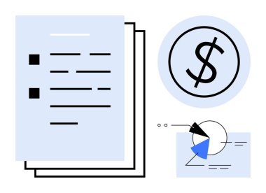 Bir dolar sembolü, pasta grafiği ve analitik grafikle eşleşen belgeler finansal planlamayı, bütçe takibini, veri analizini ve gelir raporlamasını vurguluyor. İş, muhasebe ve ekonomi için ideal