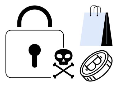 Asma kilit, alışveriş çantası, dijital para ve kafatası ikonu veri güvenliğini, çevrimiçi riskleri ve e-ticaret güvenliğini vurguluyor. Siber güvenlik, e-ticaret, veri koruma İnternet dolandırıcılığı için ideal