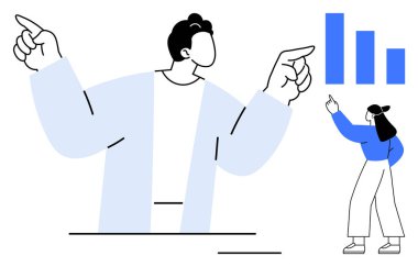 Takım çalışması, strateji ve ilerlemeyi vurgulayarak, bar grafiklerinin büyümesi yönünde bir jest olarak iki karakter işbirliği yapar. Takım çalışması, sunum, veri, büyüme, liderlik başarısı yeniliği için ideal