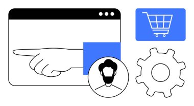 Web tarayıcısında el işaretleme, kullanıcı profili avatar, alışveriş arabası ikonu, çark çevrimiçi etkileşimi sembolize ediyor. Kullanıcı arayüzü, e-ticaret, teknoloji, ayarlar, kullanıcı eylemleri web sitesi için ideal