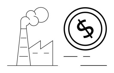 Büyük bir dolar işaretinin yanında duman püskürten bir fabrika. Ekonomi, endüstri, sürdürülebilirlik, finans, üretim, kirlilik, çevre maliyeti kavramları için ideal, düz basit metafor