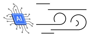 Yapay zeka çipi, soyut rüzgar girdaplarıyla eşleştirilmiş, akıllı teknolojiyi, çevikliği, otomasyonu, yeniliği, optimizasyonu, endüstriyel tasarımı ve ilerlemeyi sembolize ediyor. Modern teknoloji için ideal.