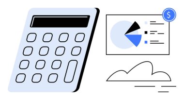 Dolar simgesi ve bulut vurgusu analitik, finansal planlama, bütçe hesaplama ve bulut tabanlı araçlarla birlikte hesap makinesi. Finans, muhasebe, teknoloji ve bulut depolama için ideal