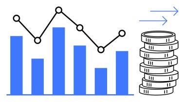 Veri eğilimlerini gösteren çizgi grafiği, finansal büyümeyi gösteren bozuk paralar ve ilerlemeyi gösteren oklar. Finans, yatırım, iş, analitik, ekonomi ve strateji için ideal