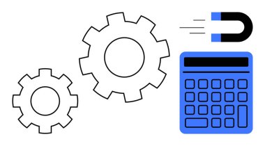 Hesap makinesi, mıknatıs ve dişliler verimliliği, otomasyonu, verimliliği ve stratejik süreçleri sembolize eder. İş için ideal, yenilik, işlemler takım çalışması iş akışı planlaması için düz metafor