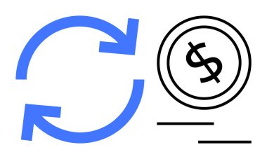 Bir dolar madeni para ikonuna bitişik mavi dairesel oklar mali işlemleri, işlemleri ve tekrarlanan ödemeleri temsil ediyor. Finans, ekonomi, işlem akışı, abonelik, nakit para, para için ideal
