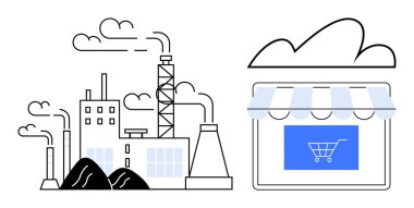 Bacaları ve kirliliği olan sanayi fabrikası alışveriş arabasıyla dijital mağazaya geçiyor. E-ticaret, sürdürülebilirlik, dijital dönüşüm, yenilik, endüstri kayması, perakende satış için ideal