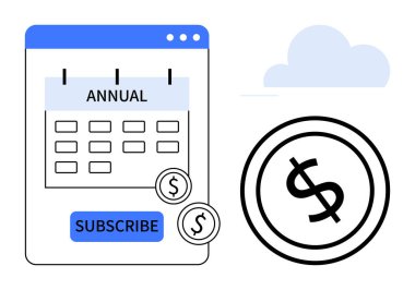 Abonelik düğmeli yıllık takvim, ödemeler için dolar simgeleri ve arka planda bulut. Finans, bütçe planlaması, SaaS, bulut hizmetleri, dijital ürünler, e-ticaret dairesi için ideal