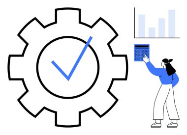 Dişli ve bar çizelgesi olan hesap makinesi kullanan bir kadın. Üretkenlik, verimlilik, planlama, analiz, iş akışı, karar verme, hedef belirleme için idealdir. Düz basit metafor