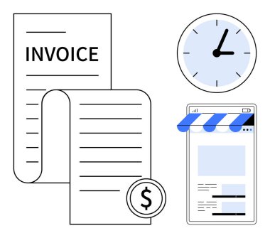 Döviz sembollü fatura, saati temsil eden saat ve iş ve e-ticaret için mobil mağaza önü. Finans, ödeme, e-ticaret, zamanlama, fatura, dijital ticaret zamanı için ideal