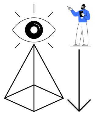 Geometrik piramidin üzerinde açık göz, aşağı doğru büyük bir ok, elinde pano tutan ve işaret eden bir adam. Vizyon için ideal, hiyerarşi, liderlik, talimat, odaklanma kılavuzu. Düz basit