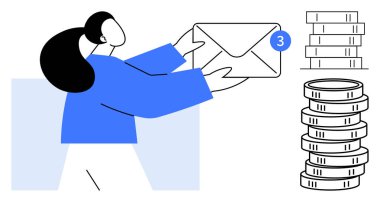 Bildirimli e-posta zarfıyla el ele tutuşan bir kadın. Yanında bir yığın bozuk para. İletişim, finans, üretkenlik, yatırım, başarı, dijital pazarlama ve tasarruflar için ideal. Düz basit