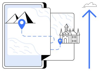 Üzerinde işaretler olan harita dağları işaret ediyor ve konum iğneleriyle işaretlenmiş bir şato, noktalı bir yol üzerinden birbirine bağlı. Seyahat, seyrüsefer, turizm, varış planı, keşif, seyahat tutkusu için ideal.
