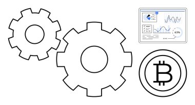Süreçleri temsil eden dişliler, kripto para için Bitcoin sembolü, analitik için dijital gösterge paneli. Teknoloji, yenilik, kripto, engelleme zinciri, ekonomi finansmanı otomasyonu için ideal. Düz basit
