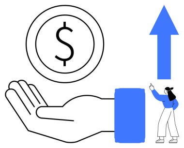 El ele tutuşan para, yukarı doğru yükselen mavi ok, gelişimi işaret eden kadın. Finans, yatırım, kâr, ekonomik büyüme, iş başarısı, zenginlik inşası ve kariyer için ideal