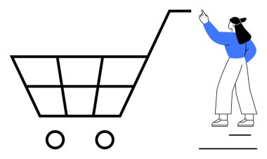 Minimum araba tasarımı ve jest gösteren kadın alışveriş, dijital pazarlama, iş operasyonları. Perakende, e-ticaret, tüketici davranışı, pazarlama, satış, teknoloji modern
