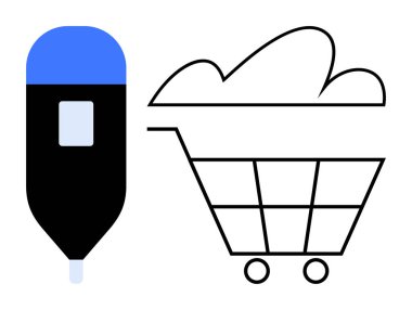 Bulut simgesi ve kalem sürücüsüne bağlı alışveriş arabası bulut deposunu, online alışverişi, veri yönetimini sembolize ediyor. E-ticaret, teknoloji, bulut depolama, veri, dijital pazarlama bilişim için ideal