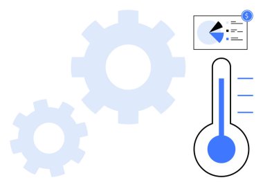 İki büyük vites, seviyeli bir termometre ve mali verileri olan bir pasta grafiği. Üretkenlik, performans değerlendirmesi, verimlilik, veri analizi, hedef ölçüm ilerleme takibi için idealdir. Temiz