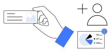 Kimlik, veri analizi, finans, hesap oluşturma, bankacılık, pazarlama araştırmaları, düz basit metaforu temsil eden dolar işaretli el kamerası, kullanıcı simgesi ve pasta grafiği.