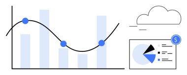 Veri noktalarıyla çubuk grafik ve çizgi grafiği, parasal detaylarla pasta grafiği, minimum bulut tasarımı. Veri eğilimleri, iş performansı, finans analizi, pazar araştırması, teknoloji, bulut için ideal