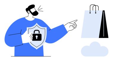 Elinde kilitli bir kalkan olan adam alışveriş çantalarını işaret ederek siber güvenliği, mahremiyeti ve e-ticaret güvenliğini arttırıyor. Pazarlama, fintech, çevrimiçi güvenlik, bulut hizmetleri, e-ticaret mahremiyeti için ideal