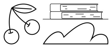 Yapraklı kirazlar, iki istiflenmiş kitap ve temiz çizgi sanatı ile tasarlanmış stilize bir bulut. Öğrenme, doğa, büyüme, refah, yaratıcılık ve minimalizm için idealdir. Düz basit metafor