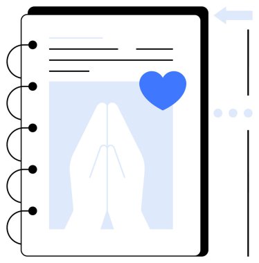 Dua eden el illüstrasyonu, mavi kalp sembolü ve metin satırları olan defteri aç. İnanç, maneviyat, farkındalık, minnettarlık, kişisel gelişim kişisel bakım bağlantısı için idealdir. Düz basit metafor