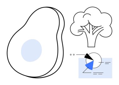 Avokado dilimi, brokoli ve mavi röfleli soyut veri pasta grafiği besin seçeneklerini gösteriyor. Sağlık, sağlık, gıda seçimleri, diyet, sürdürülebilirlik, beslenme ve veri için ideal