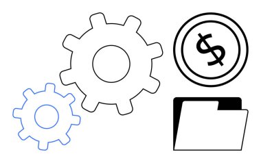 Birbirine bağlı dişli tekerlekleri, dolar işareti ve klasör optimizasyonu, finans ve organizasyonu simgeliyor. İş, iş akışı, yönetim stratejisi ekonomi veri depolama temaları için ideal. Düz