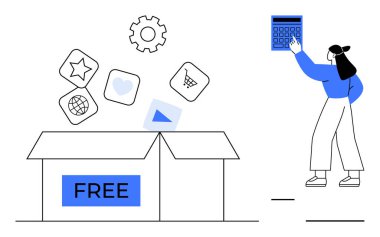 Hesap makinesi tutan kadın, üzerinde yüzen uygulama simgeleri ve teçhizatları olan FREE yazılı kutuyu aç. İş dünyası, dijital pazarlama, yenilik, uygulama geliştirme, teknolojik çözümler, ecommerce, abonelik hizmetleri için ideal