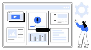 Çizelgeler, medya oynatıcısı, mikrofon simgesi ve metin bloklarının yer aldığı etkileşimli gösterge paneli ekranı işaret ediyor. Veri analizi, eğitim, iletişim, teknoloji tasarım arayüzü için ideal