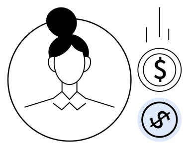 Çemberde para, gelir, iş ve finans anlamına gelen dolar işaretleriyle eşleştirilmiş bir kadın çizgisi. Kariyer büyümesi, kişisel finansman, iş fırsatları, ekonomi ve yatırım liderliği için ideal