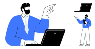 Adam dizüstü bilgisayar kullanırken el kol hareketi yapıyor ve fikirlere, uzaktan haberleşmeye atıfta bulunuyor. Takım çalışması, sanal toplantı, teknoloji, iş, eğitim, iletişim profesyonel tavsiyeler için idealdir. Düz basit