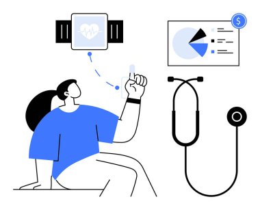 Giyilebilir akıllı seğirmeler vasıtasıyla sağlık verilerini izleyen kişi. Bağlı steteskop ve finans tablosu sağlık, tanı ve maliyet yönetimini sembolize ediyor. Teletıp, sağlık, teknoloji, sağlık hizmetleri için ideal