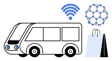 Kablosuz bağlantı sembolüne, alışveriş çantasına ve bağlı düğümlere sahip elektrikli otobüs. Toplu taşıma için ideal, akıllı şehirler, sürdürülebilirlik, e-ticaret, modern teknoloji, kentsel hareketlilik dairesi