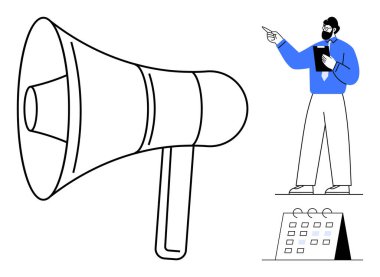İletişimi vurgulayan megafon, fikirleri tartışan ya da sunan kişi ve planlamayı resmeden bir takvim. Pazarlama, duyurular, topluluk önünde konuşma, etkinlikler, liderlik, strateji dairesi için ideal