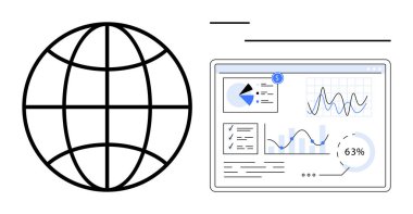 Grafikler, pasta grafikleri ve yüzde göstergeleriyle birlikte bir veri panelinin yanında küre. Ağ, analitik, küresel iş, dijital dönüşüm, veri görselleştirme, pazarlama yeniliği için ideal