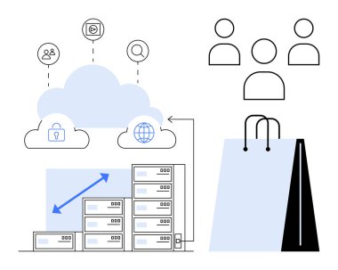 Güvenli erişimi olan bulut deposu, bağlı simgeler, sunucu ölçeklendirmesi ve alışveriş torbası veri yönetimi, bağlantı ve e-ticareti temsil ediyor. Teknoloji, bulut hizmetleri, güvenlik perakendecisi için ideal